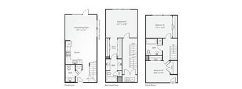 A diagram shows the layout of a house with three floors, including bedrooms, a living/dining room, a kitchen, and bathrooms.