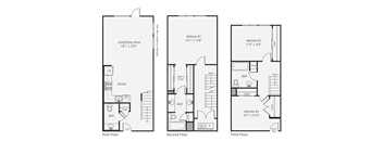 A set of three house floor plans showing the first, second and third floors.