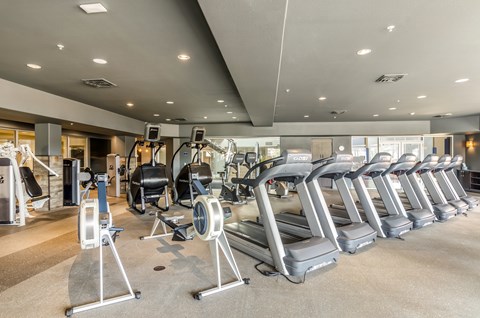 A gym with treadmills and exercise machines.