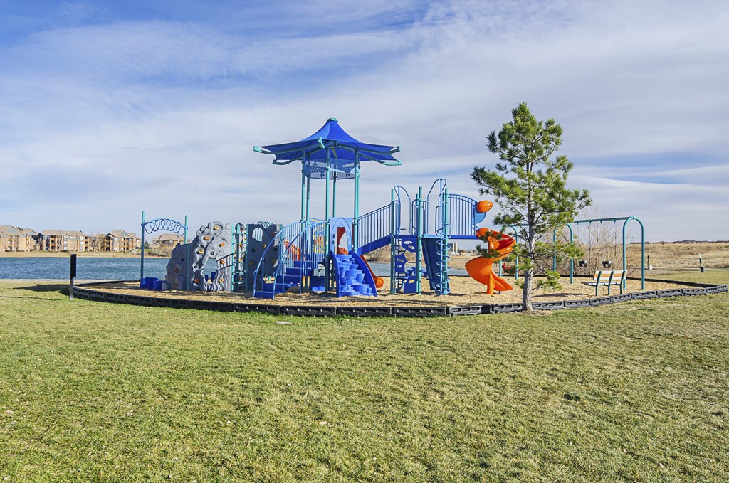 a playground in a park next to a body of water