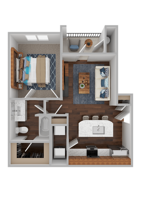 a 3d rendering of a bedroom with a bathroom and a living room
