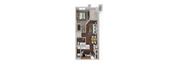 a 3d rendering of a furnished floor plan with a bedroom and a bathroom