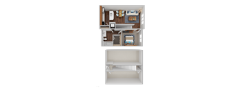 a rendering of a house with a bedroom and a living room