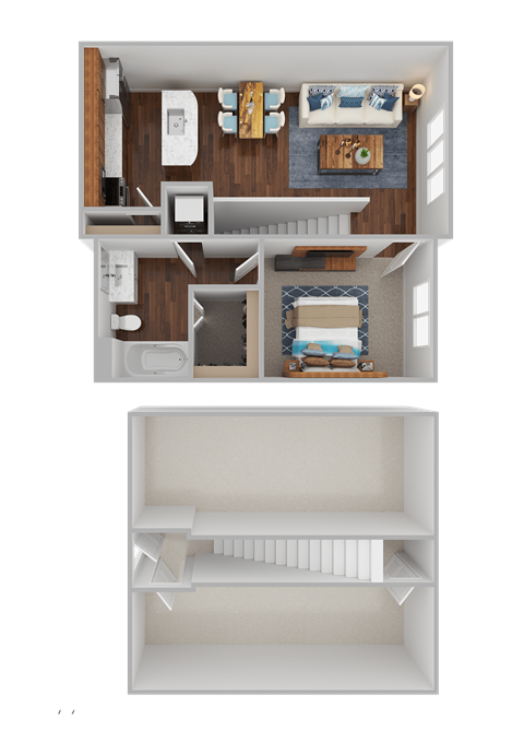 a rendering of a house with a bedroom and a living room