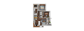 a 3d rendering of a bedroom and bathroom floor plan