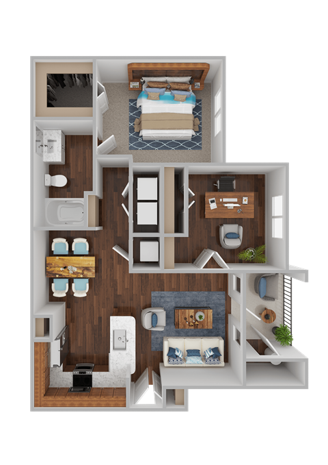 a 3d rendering of a bedroom and bathroom floor plan