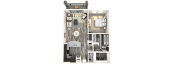A 3D rendered image of a house layout.