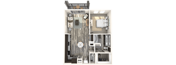 A 3D floor plan of a small apartment with a kitchen, living room, and bathroom.