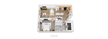 A floor plan of a house with a living room, kitchen, and two bedrooms.