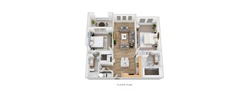 A floor plan of a house with a living room, kitchen, and two bedrooms.