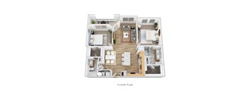 A floor plan of a house with a living room, dining room, kitchen, and two bedrooms.