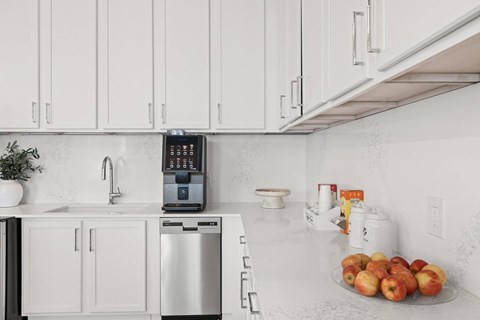 A kitchen with a stainless steel dishwasher and a digital clock on the wall.