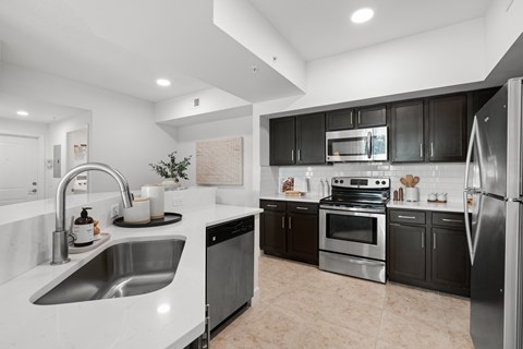 A modern kitchen with black cabinets and stainless steel appliances.
