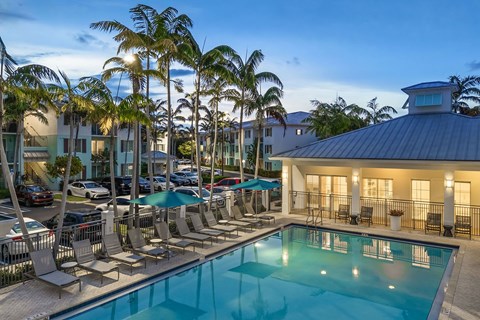 A pool surrounded by palm trees and lounge chairs.