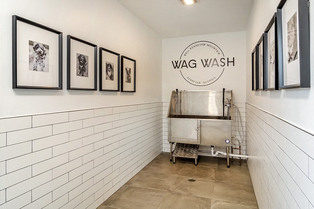a laundry room with a washing machine and pictures on the wall
