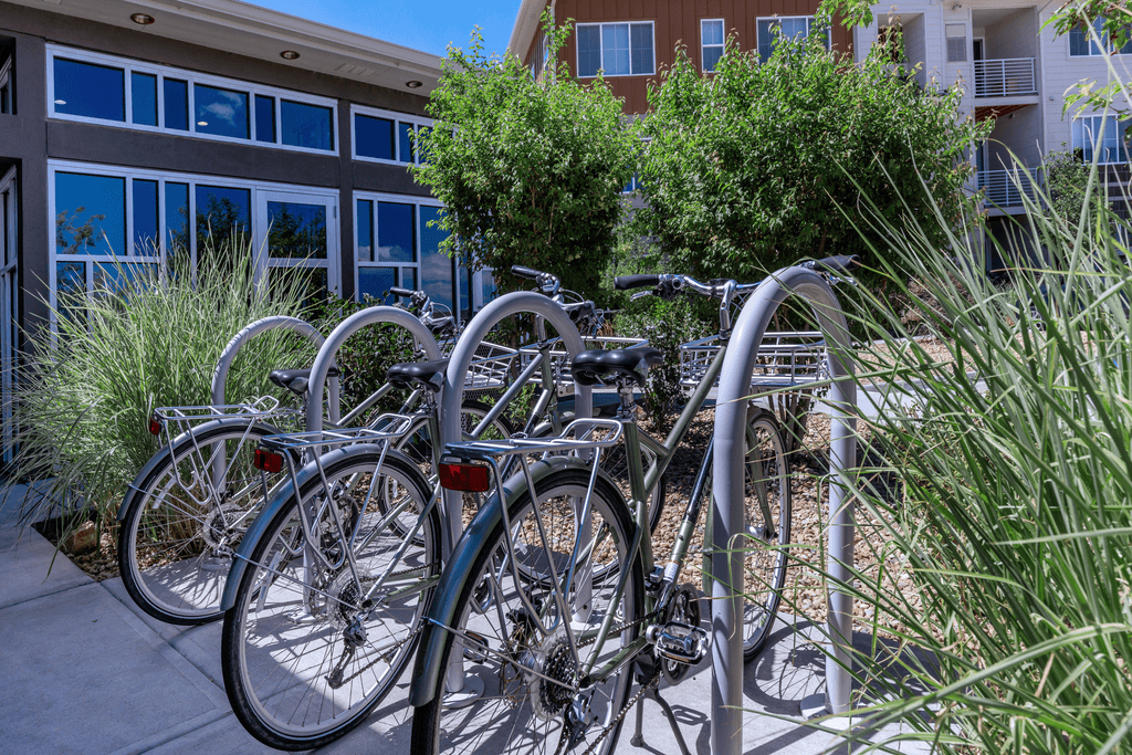 A row of bicycles are parked in front of a building.