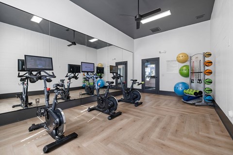 A gym with exercise bikes and exercise balls.