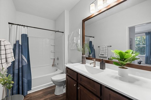A bathroom with a white sink, a toilet, a mirror, a plant, and a shower with a blue curtain.