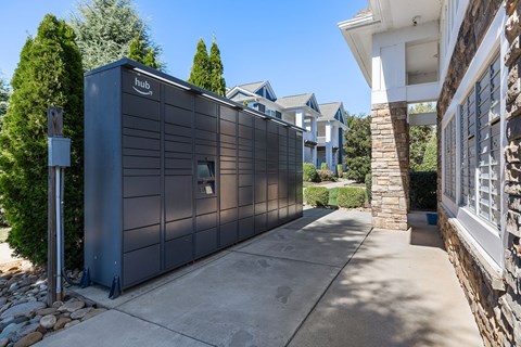 A modern building with the word "hub" on it.