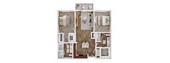 A top-down view of a bathroom layout with a toilet, sink, and bathtub.