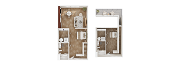 A floor plan of a small apartment with a kitchen, living room, and bathroom.