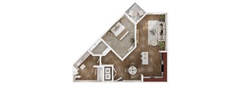 A top down view of a house with a kitchen, living room, and bathroom.