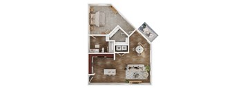A top-down view of a house layout with a kitchen, living room, and bathroom.