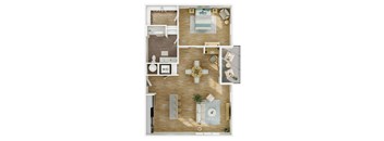 A floor plan of a house with a dining area, living room, kitchen, and bathroom.