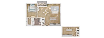 A floor plan of a small apartment with a kitchen, living room, and bathroom.