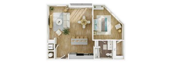 A top-down view of a small apartment with a kitchen, living room, and bathroom.