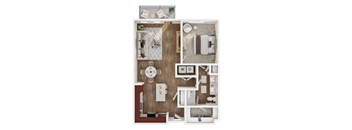 A floor plan of a small apartment with a kitchen, living room, and bathroom.