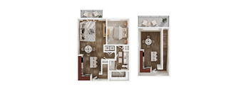 A top-down view of a bedroom with a bed, dresser, and wardrobe.