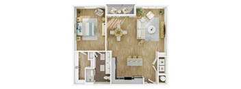 A top-down view of a room layout with a dining table, kitchen area, and a living room.