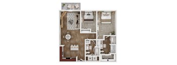 A floor plan of a house with a kitchen, living room, and bathrooms.