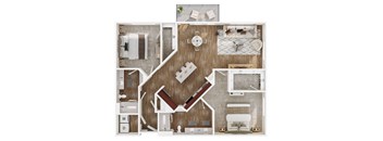 A top-down view of a house layout with a kitchen, living room, and bathroom.