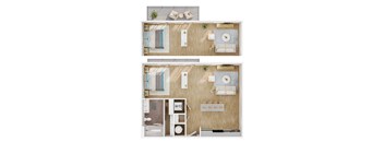 A series of images showing different layouts of a bedroom, living room, and bathroom.