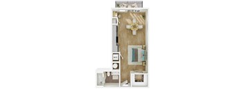 A small apartment with a kitchen, toilet, and sink.