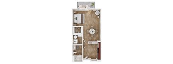 A top-down view of a small apartment with a bed, a desk, a kitchenette, and a bathroom.