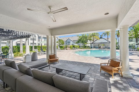 A patio with a pool in the background.