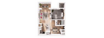 a 3d drawing of a house with a bedroom and a living room