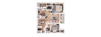 a 3d drawing of a bedroom with a living room and dining room