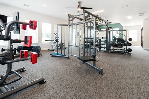 a gym with a lot of exercise equipment and a large window
