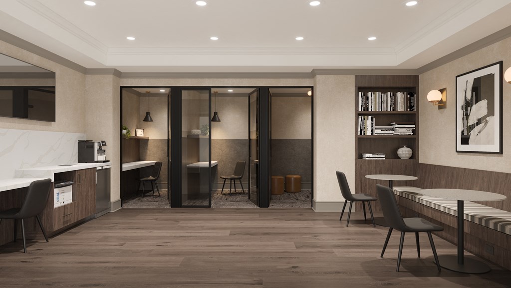 a rendering of a lounge area with a desk and chairs and a bookshelf