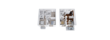 a stylized floor plan with a bedroom and a living room