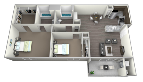 a 3d floor plan of a 2100 sq ft apartment