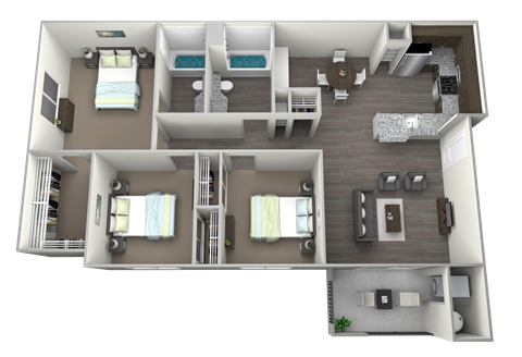 a 3d rendering of a floor plan with a bedroom and living room