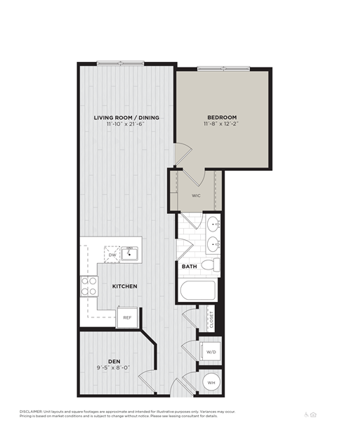 a one bedroom one bathroom 2D floorplan