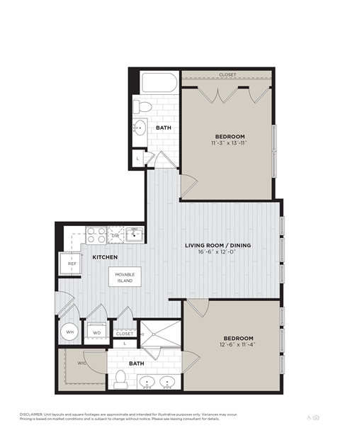 a two bedroom two bathroom 2D floorplan