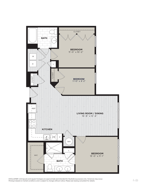 A floor plan of a small apartment with a living room, kitchen, two bedrooms, and bathrooms.