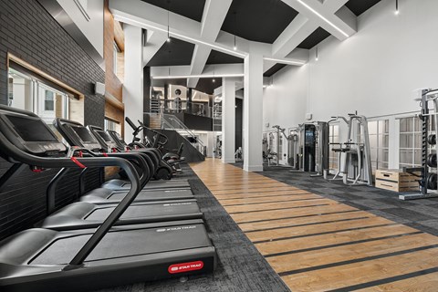 A gym with treadmills and other exercise equipment.